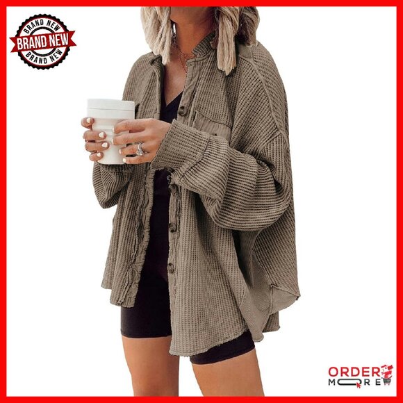 Oversized Waffle Knit Shacket with Batwing Sleeves Button Down